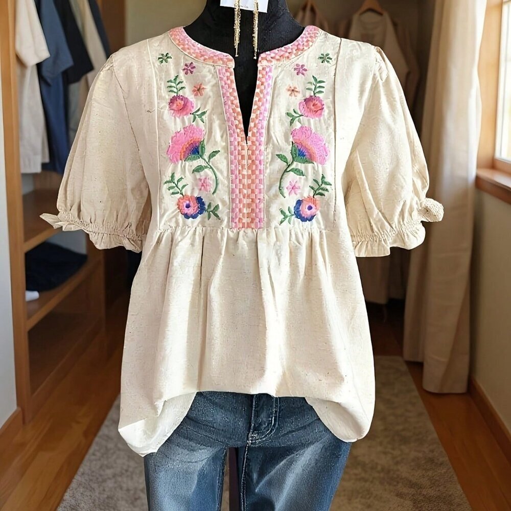 Beige Boho Women's Floral Embroidered V-Neck Cuff Short Sleeve Top - Picture 2 of 4